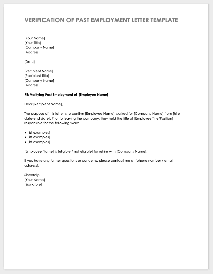 Verification of Past Employment Letter Template