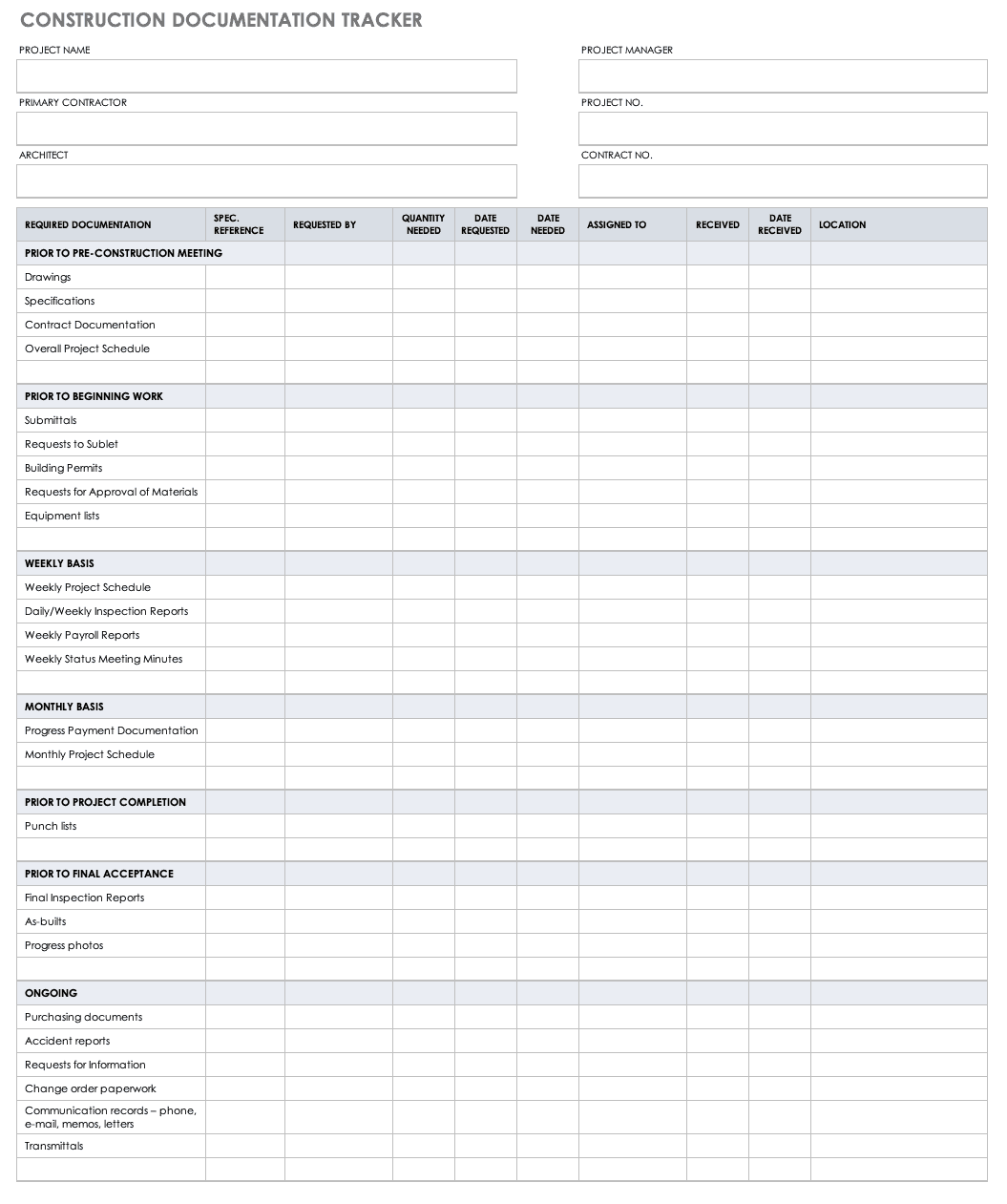 Construction Documentation Tracker Template