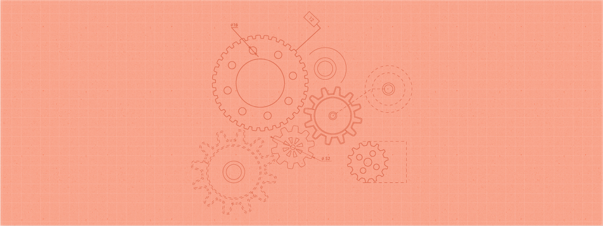 A series of gears and cogs appear on an orange-colored background