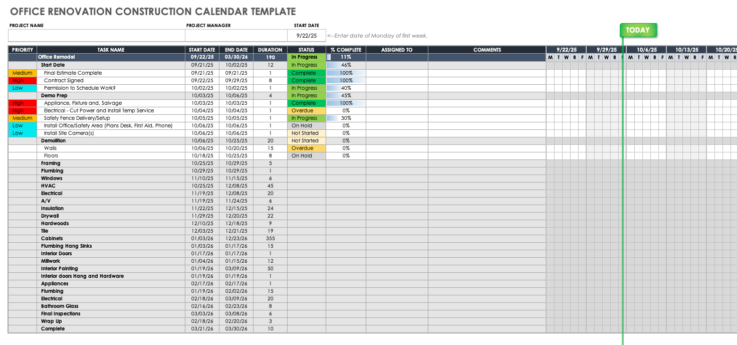 Office Renovation Construction Calendar Template