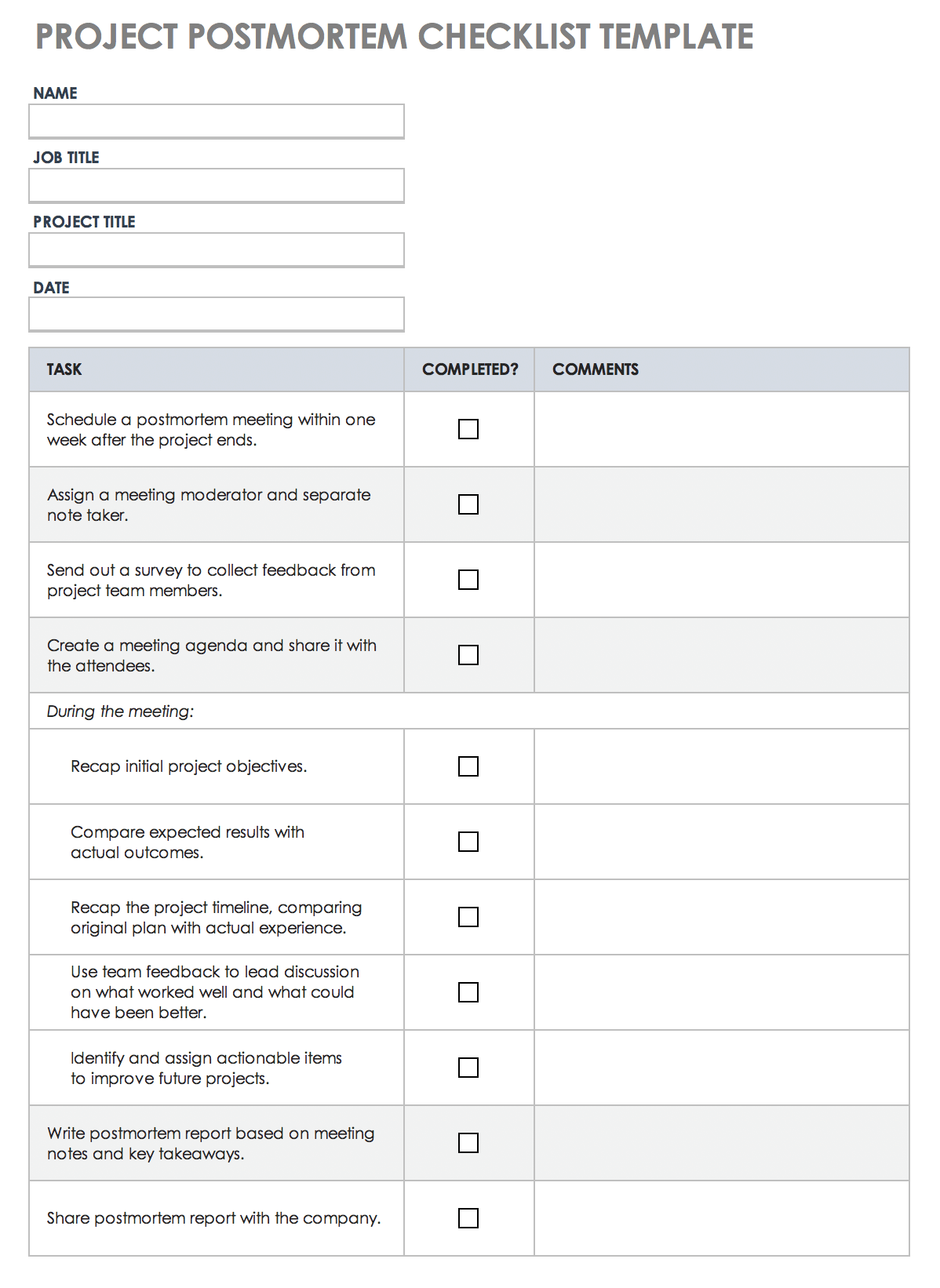 Project Postmortem Checklist Template