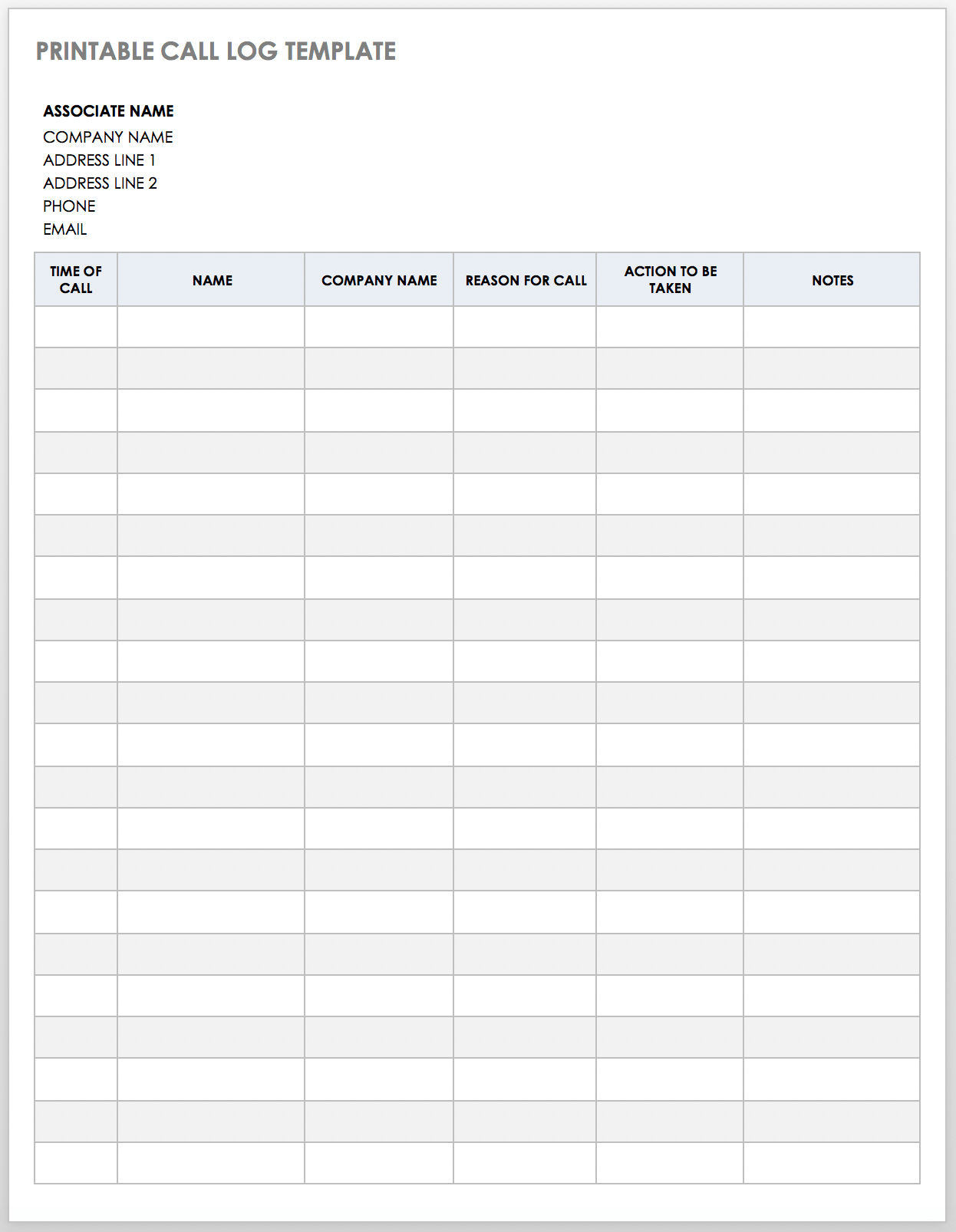 Printable Call Log Template