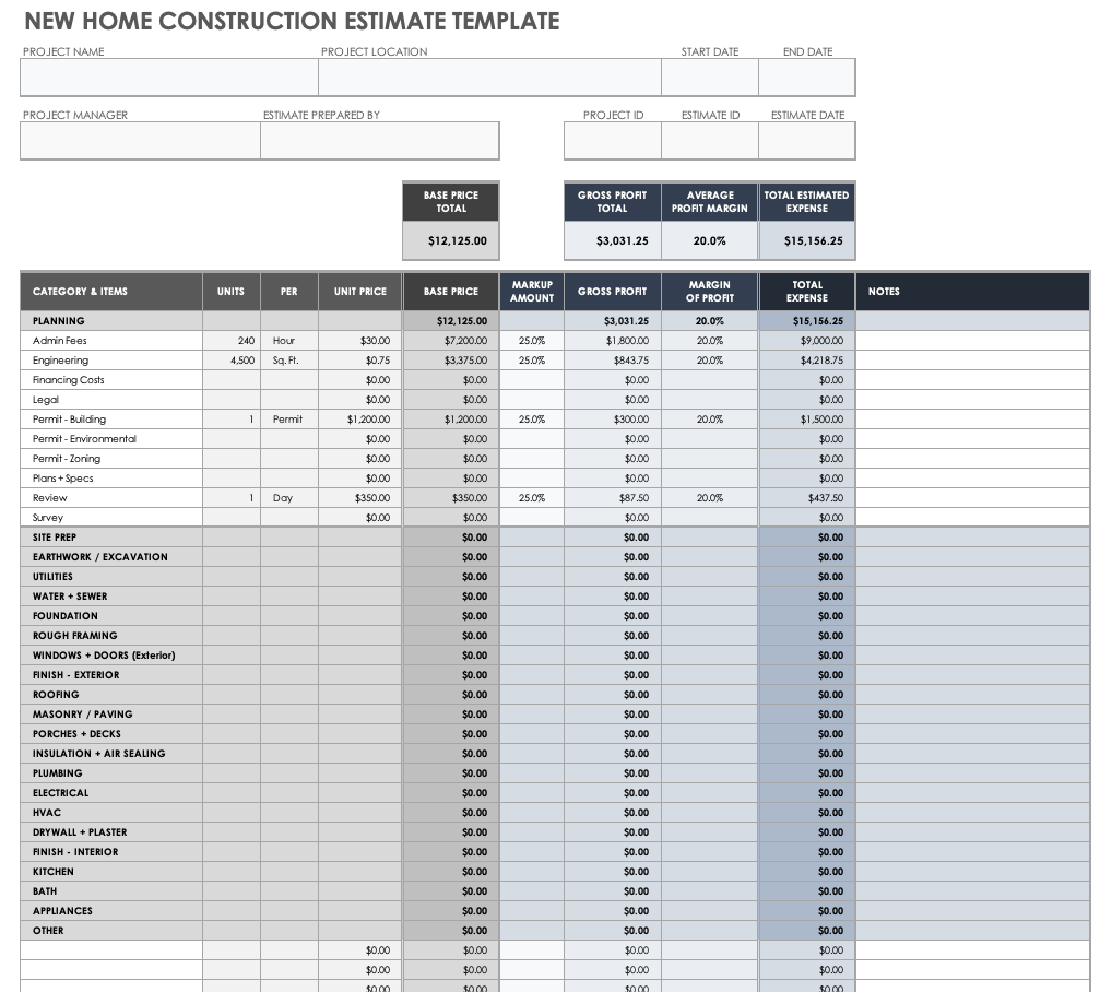 New Home Construction Estimate Template