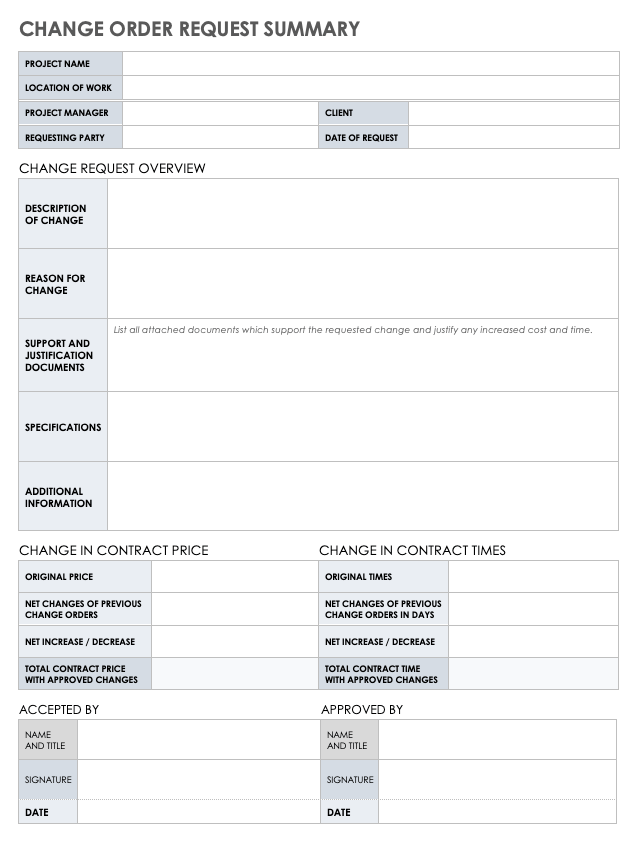 Change Order Request Summary Template