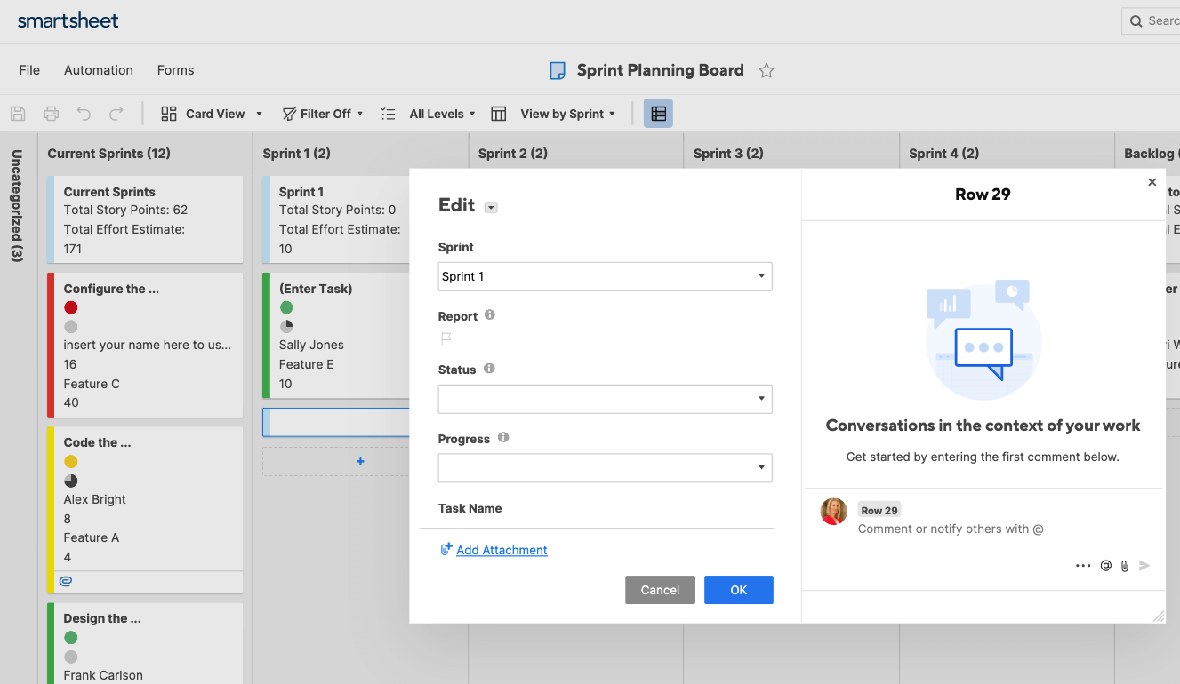 Edit Kanban cards in Smartsheet