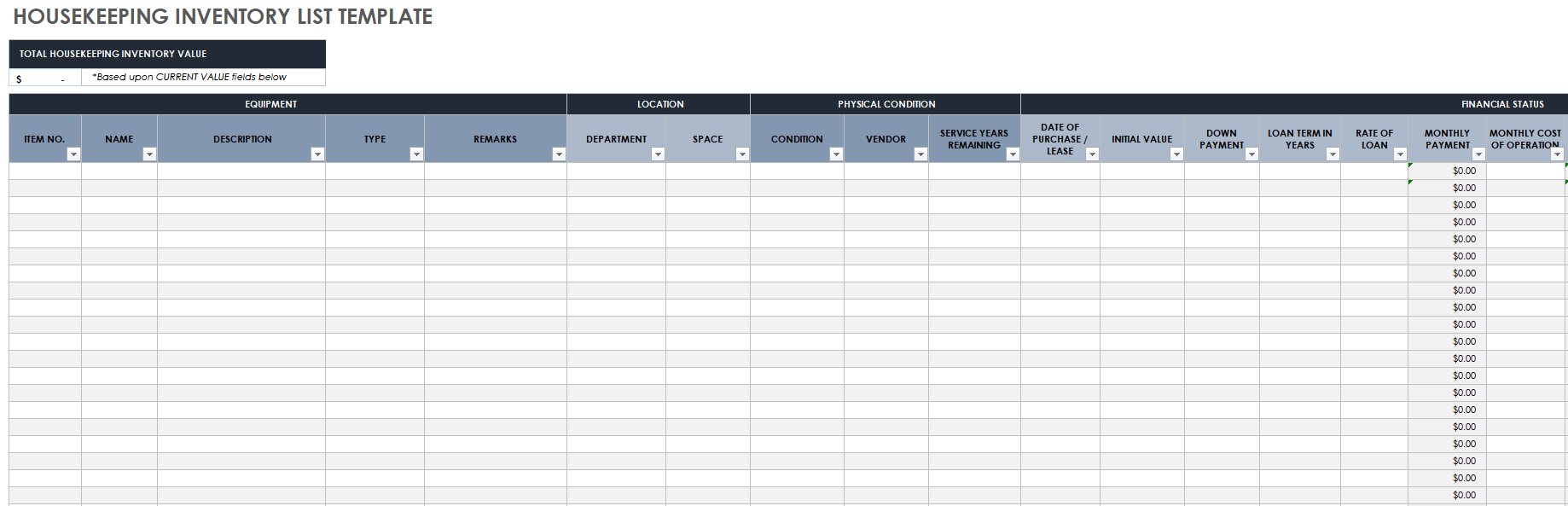 Housekeeping Inventory List Template