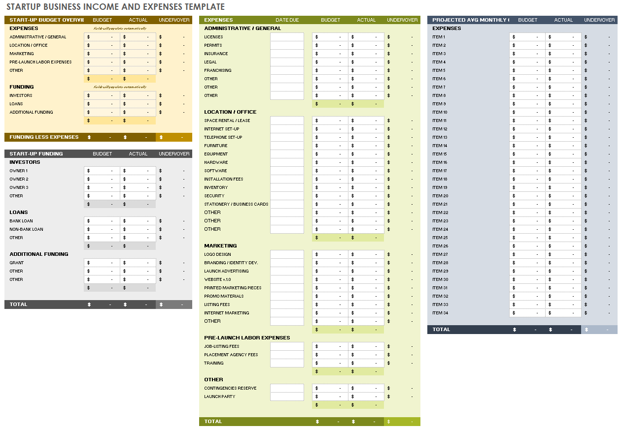 Startup Business Income and Expenses Template