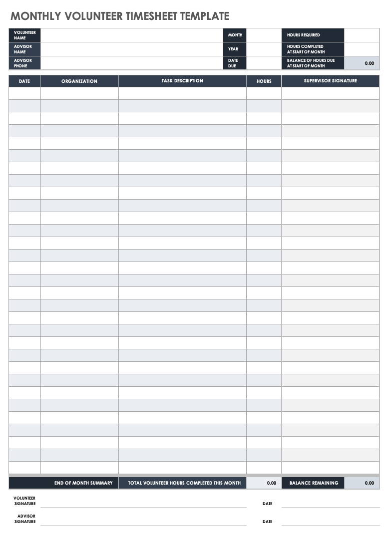 Monthly Volunteer Timesheet Template