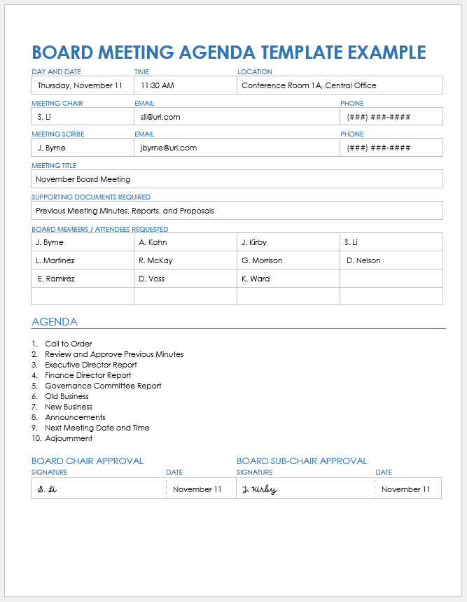 Board Meeting Agenda Example Template