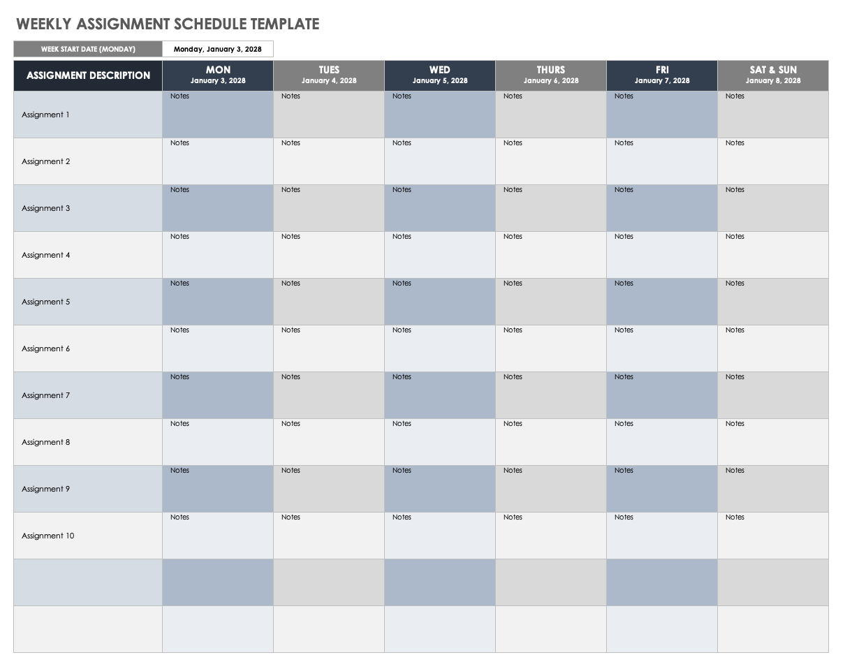 Weekly Assignment Schedule Template