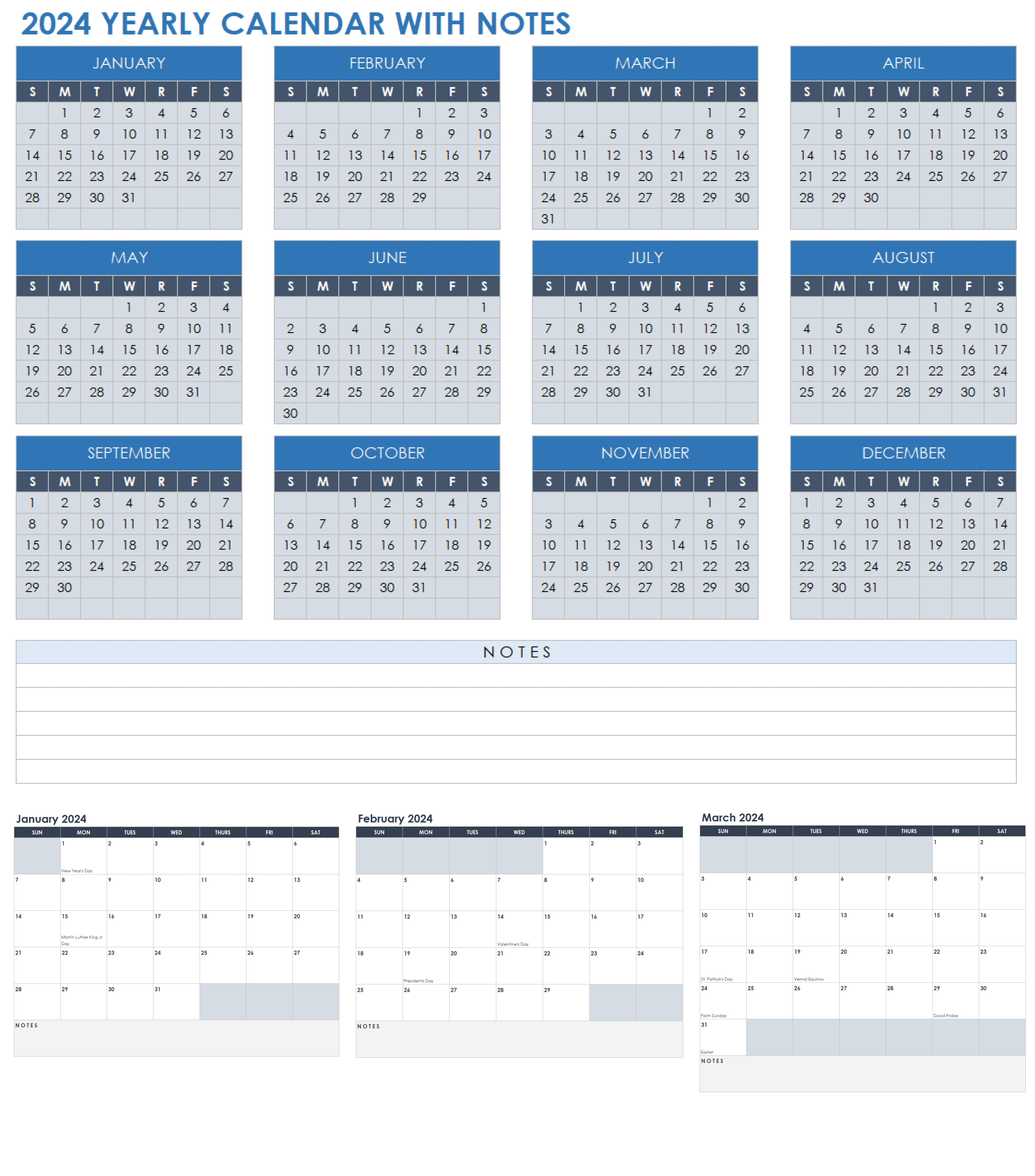 2024 Yearly Calendar with Notes