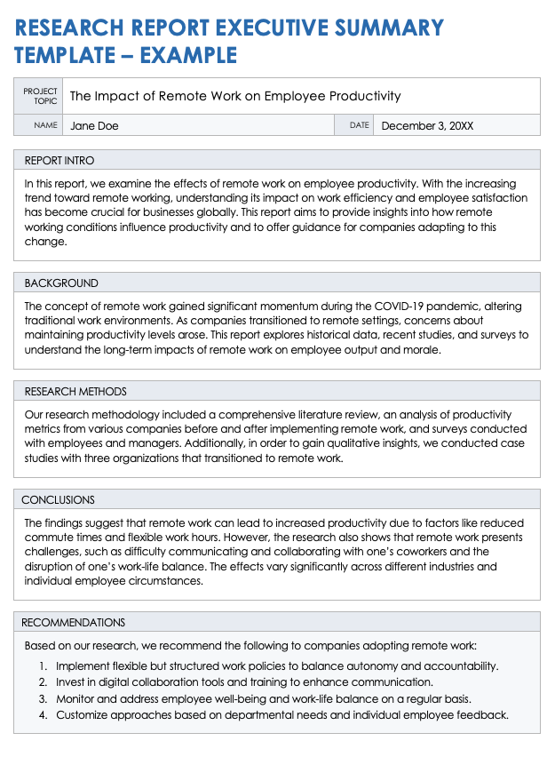 Research Report Executive Summary Example Template