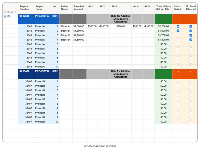 Smartsheet construction abstract of bids template image