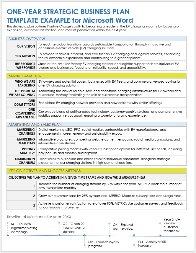 One Year Strategic Business Plan Template for Microsoft Word Example