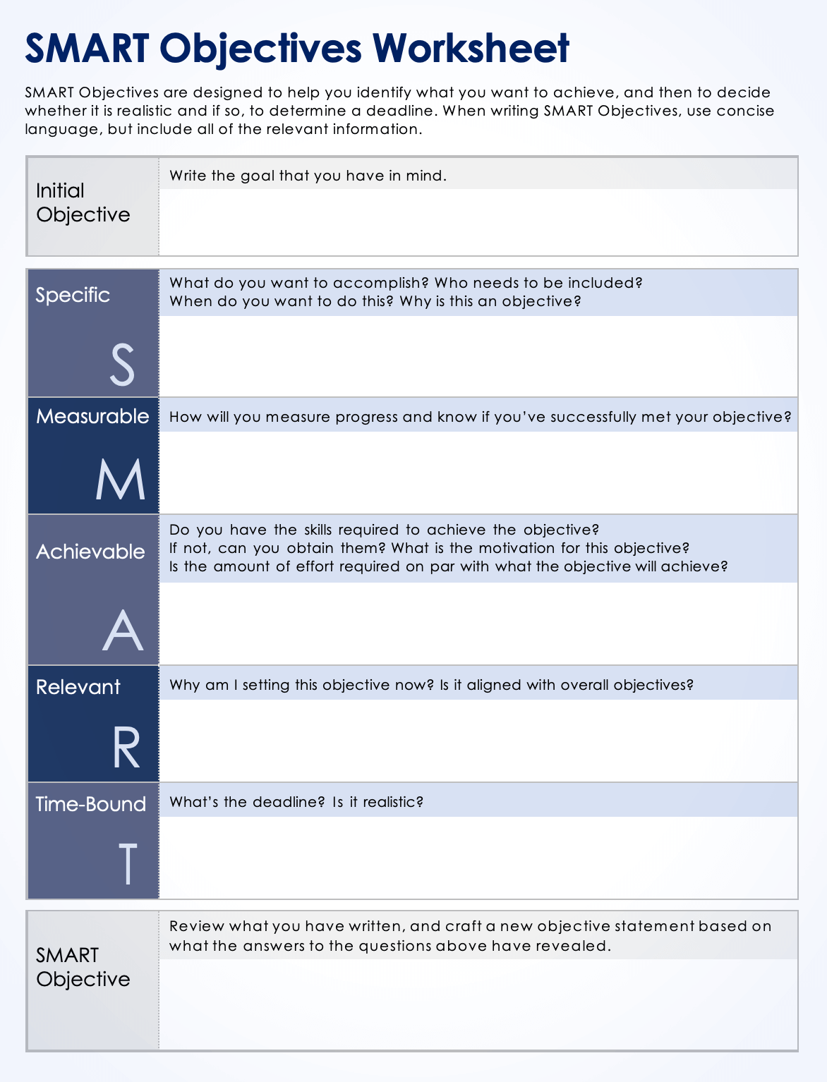 smart objectives worksheet