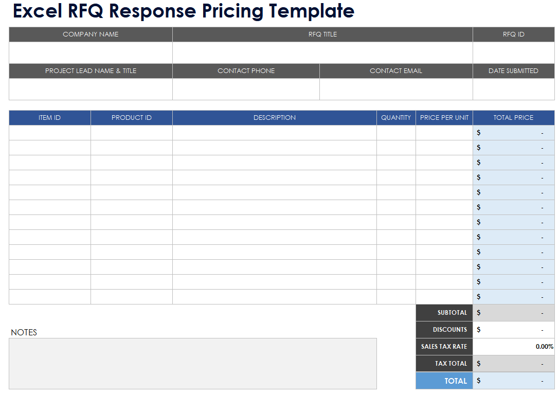 Excel RFQ Response Pricing Template