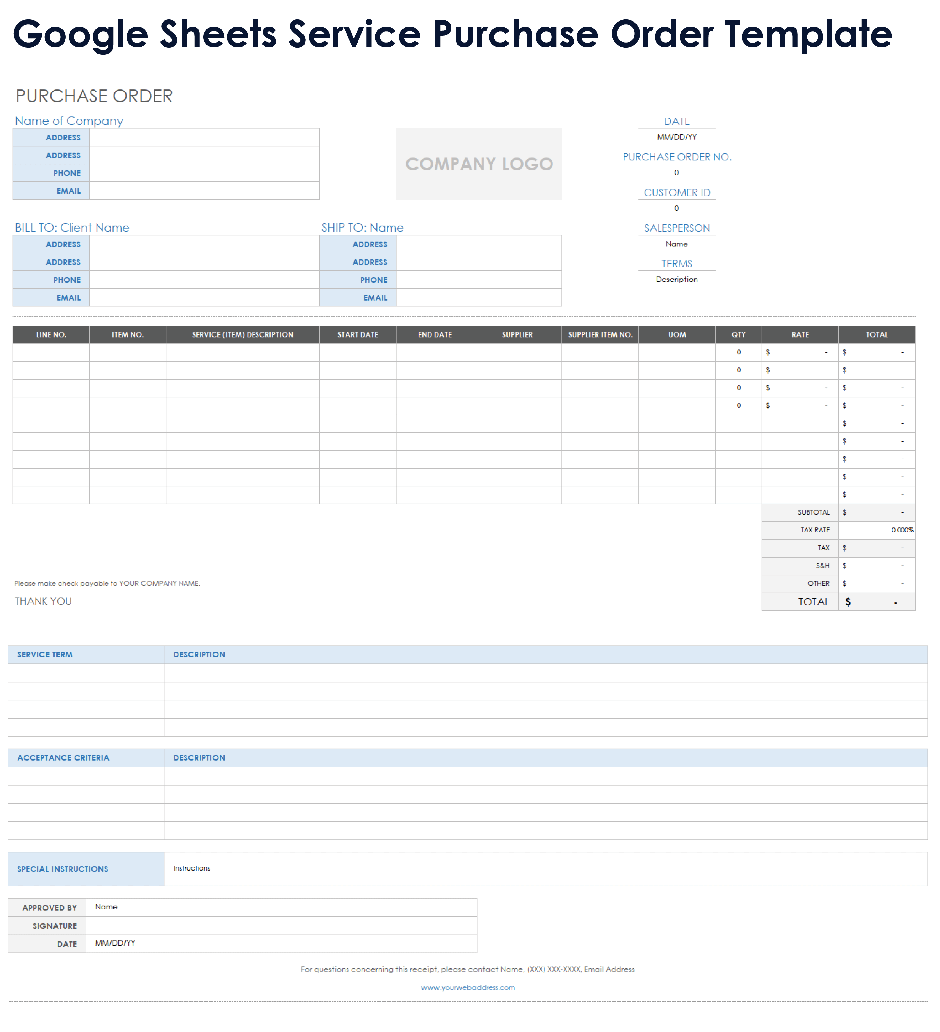 Google Sheets Service Purchase Order Template