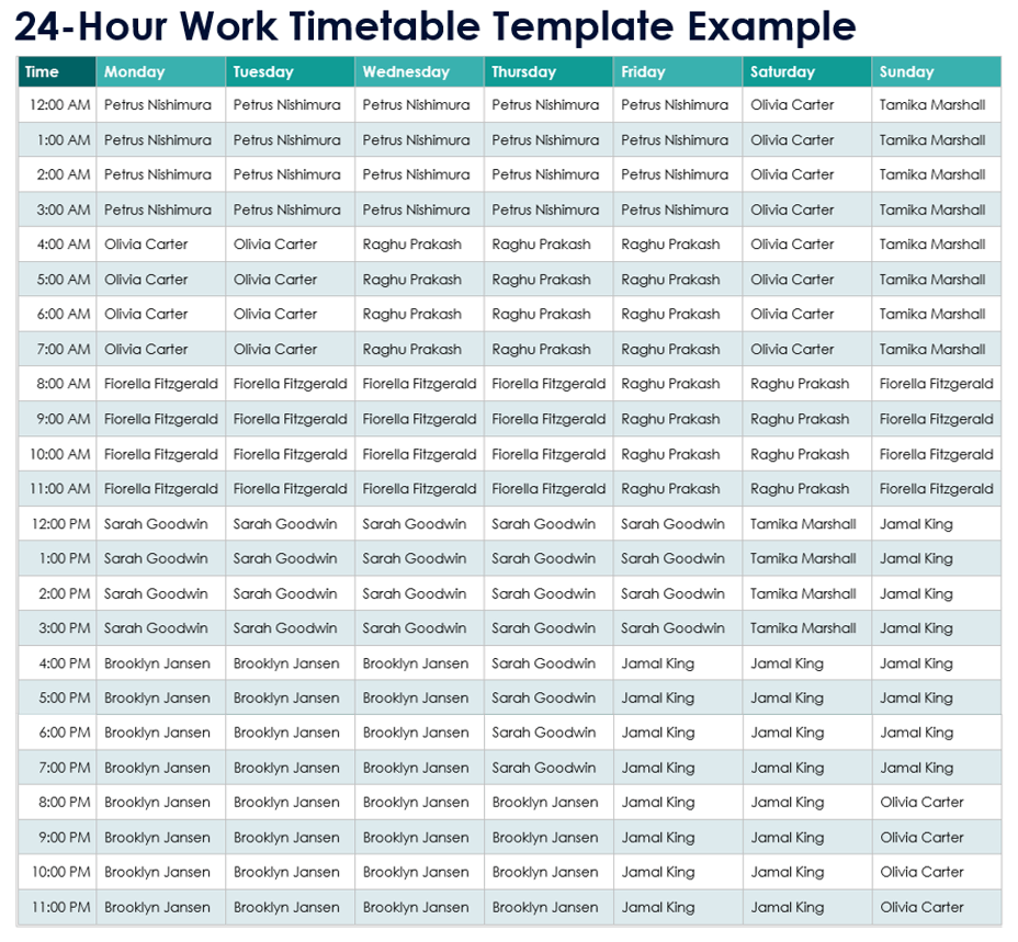 24 Hour Work Timetable Template Example