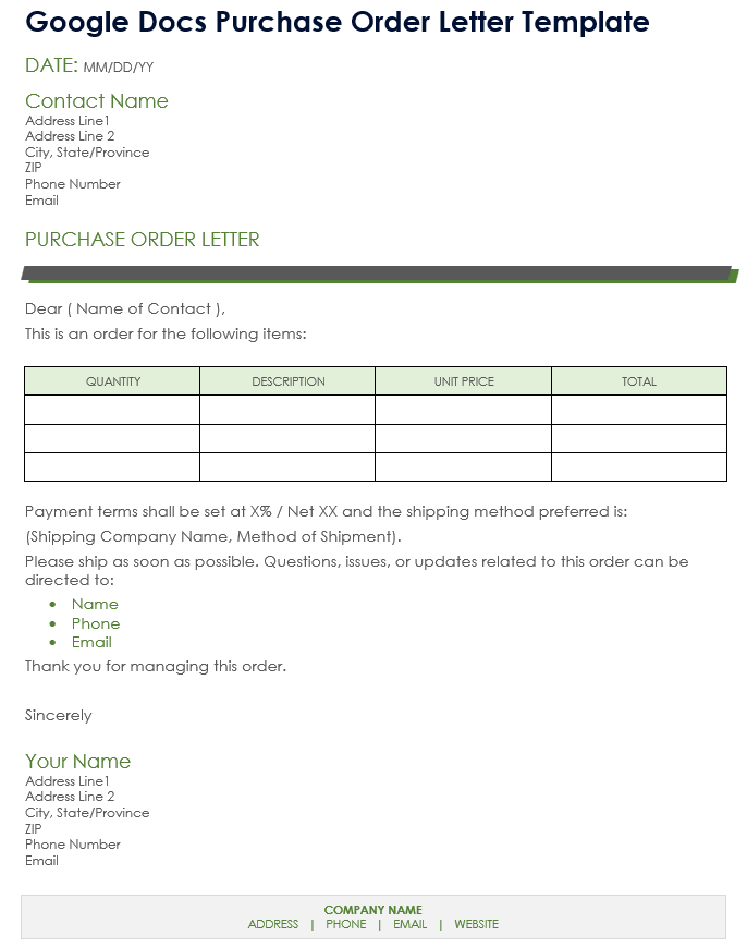 Google Docs Purchase Order Letter Template