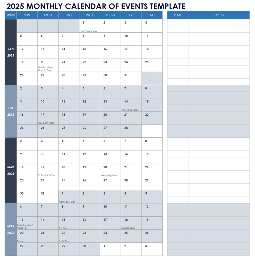 2025 Monthly Calendar of Events Template