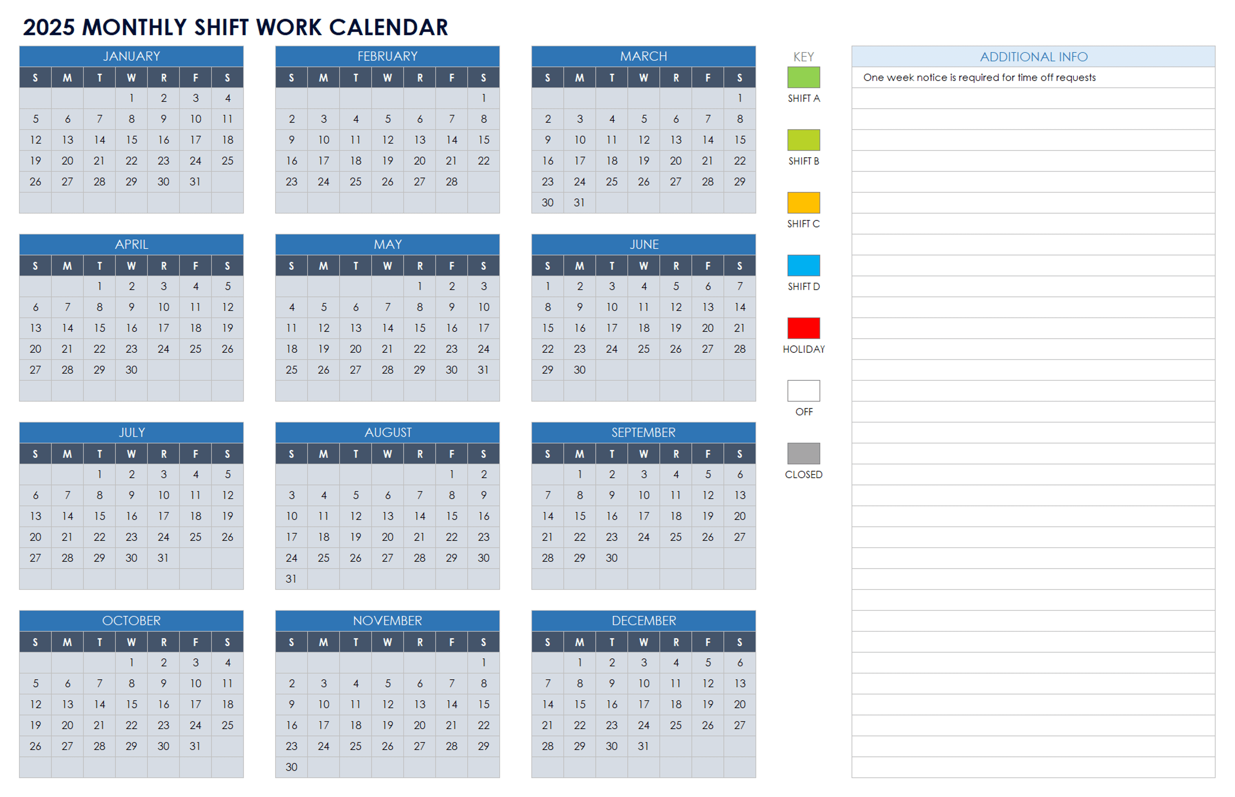 2025 Monthly Shift Work Calendar