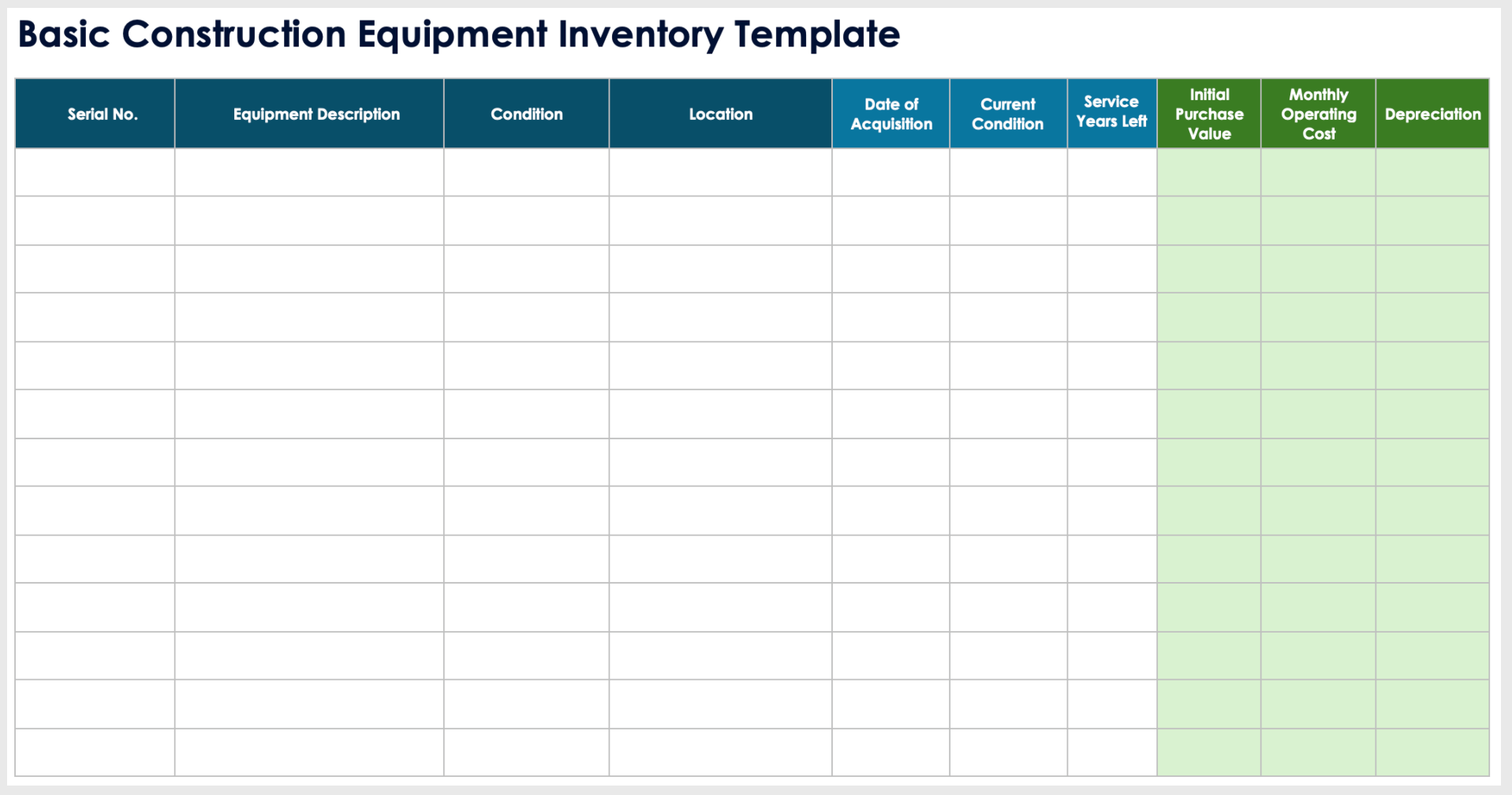 Basic Construction Equipment Inventory Template