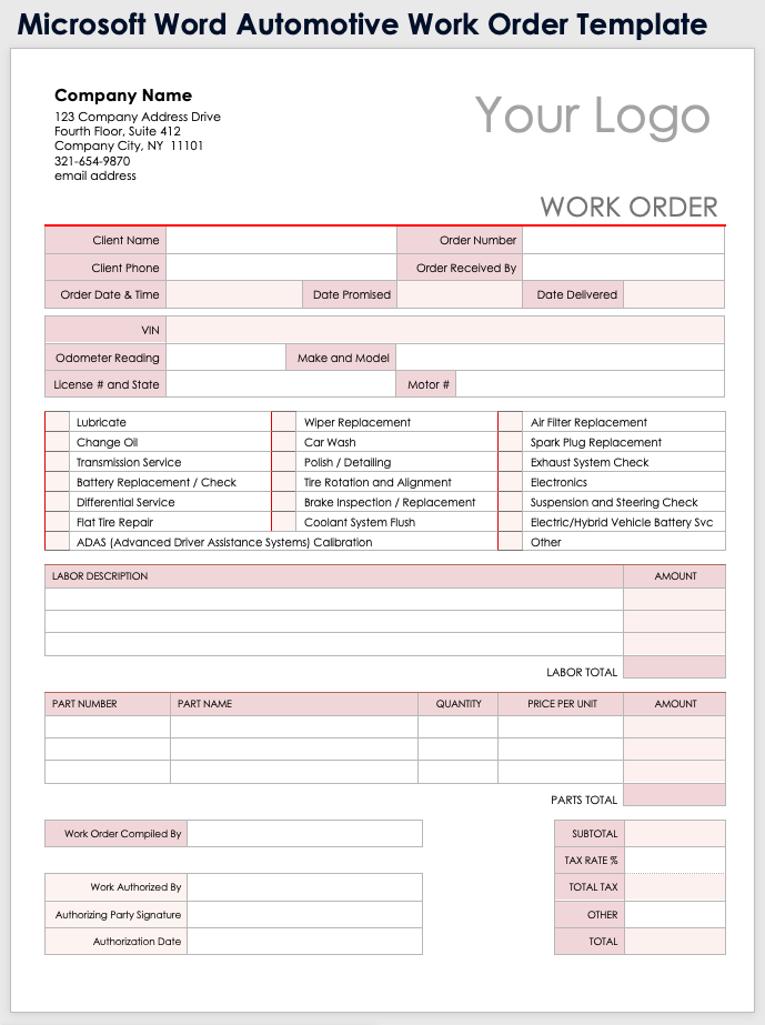 Microsoft Word Automotive Work Order Template