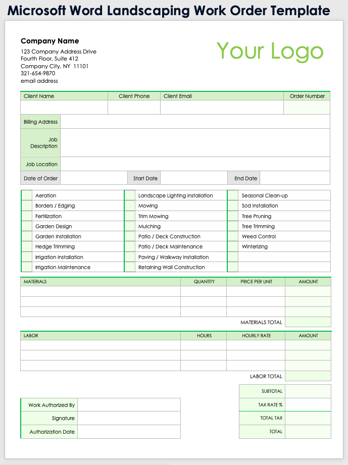 Microsoft Word Landscaping Work Order Template