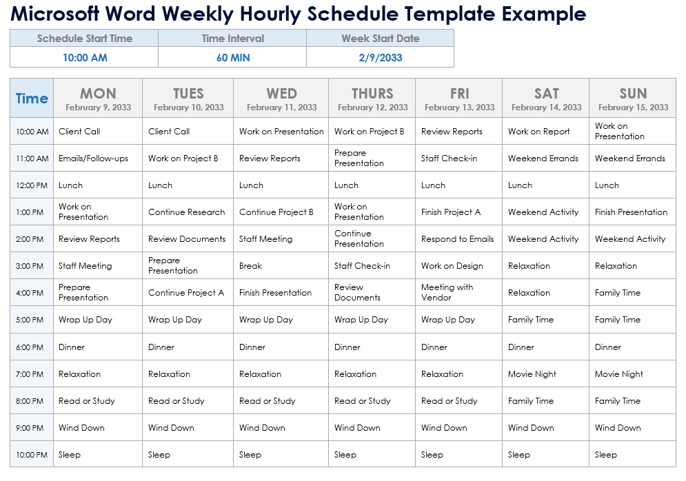 Microsoft Word Weekly Hourly Schedule Template