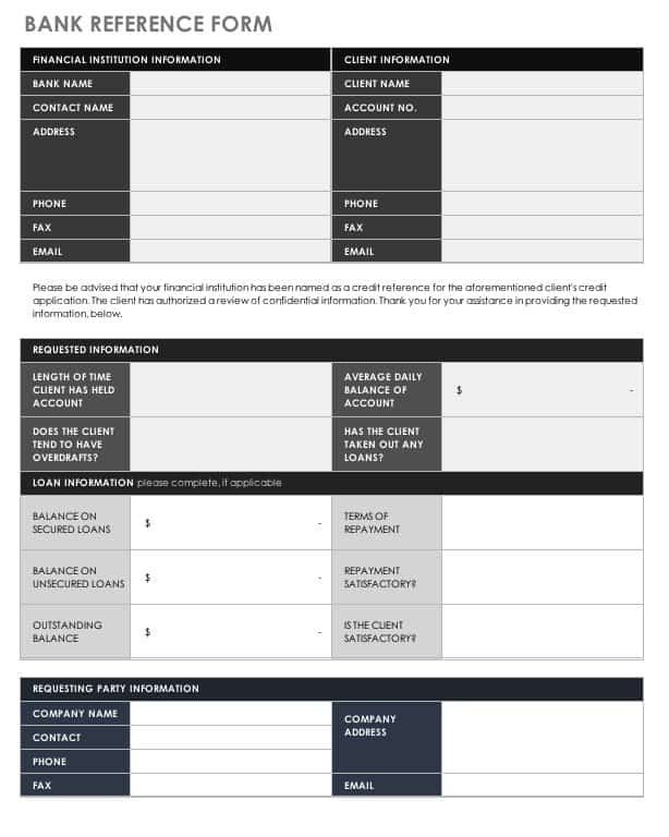 Bank Reference Form Template