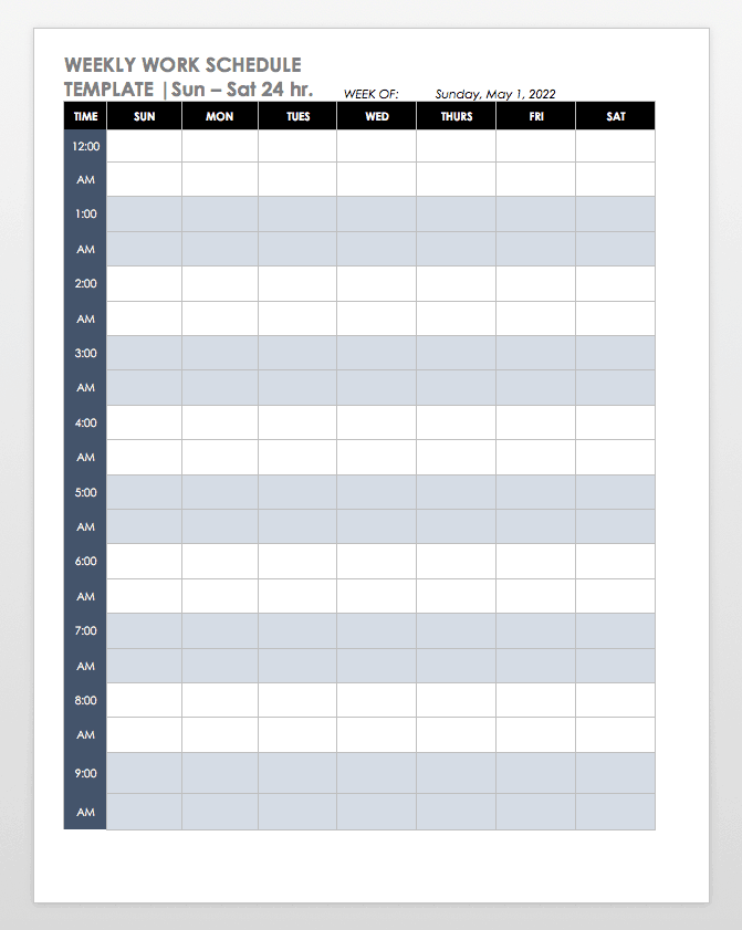 Sun - Sat 24h Weekly Work Schedule Template Word