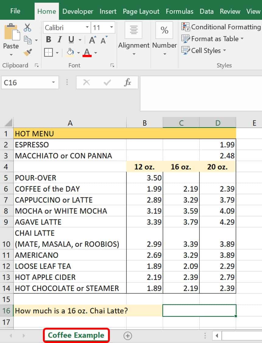 VLOOKUP data coffee example