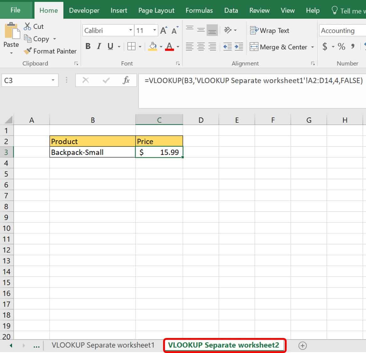 VLOOKUP worksheet example