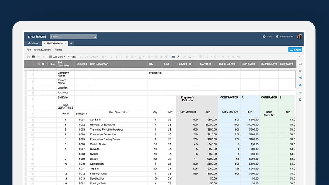 Bid tabulation template in Smartsheet