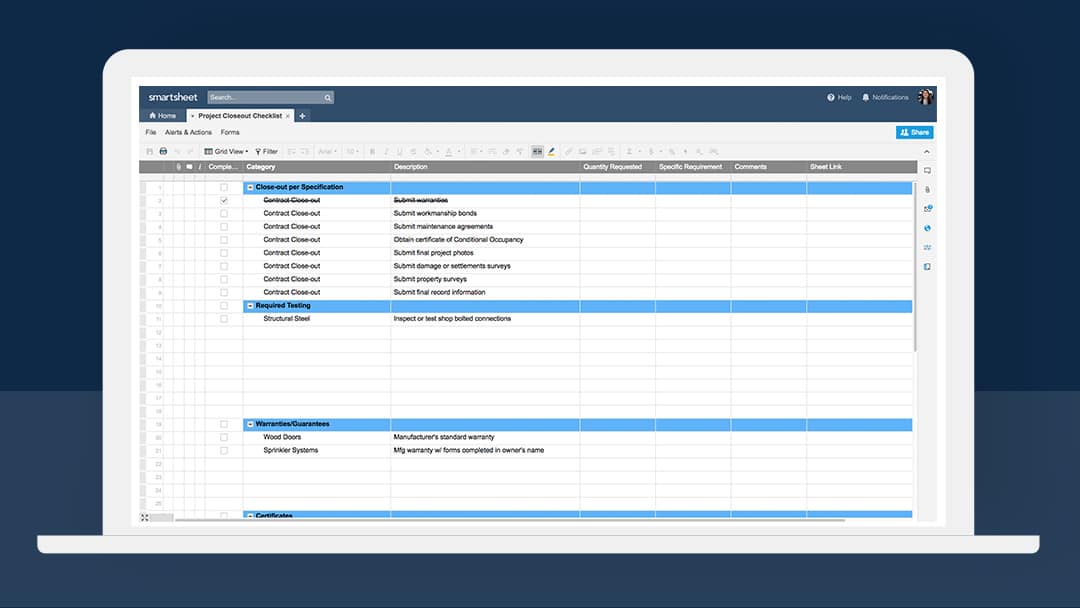 Project closeout checklist template in Smartsheet