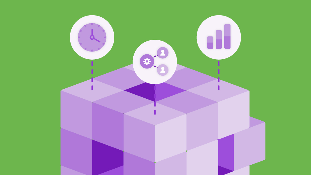 Stacked blocks with a time icon, chart icon, and horizontal organizational chart.